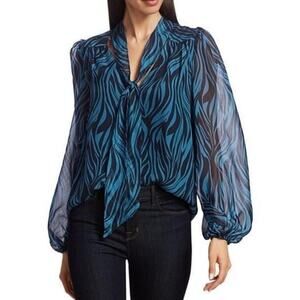 Ramy Brook Baker Blue Black 100% Silk Chiffon Zebra Tie Neck Blouse XS